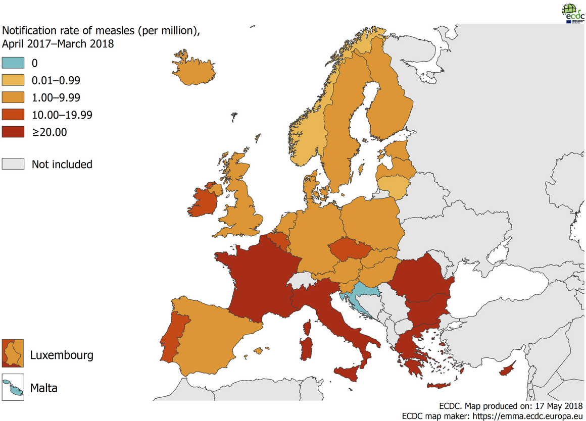 Measles notification rate per million population by country, 1 April 2017 – 31 March 2018, EU/EEA countries
