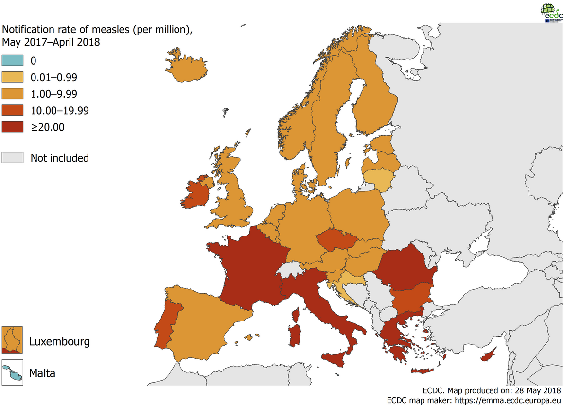 Measles notification rate per million population by country, May 2017 – April 2018, EU/EEA countries