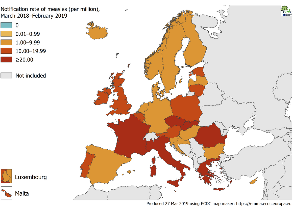 Measles notification rate per million population by country, EU/EEA, 1 March 2018–28 February 2019