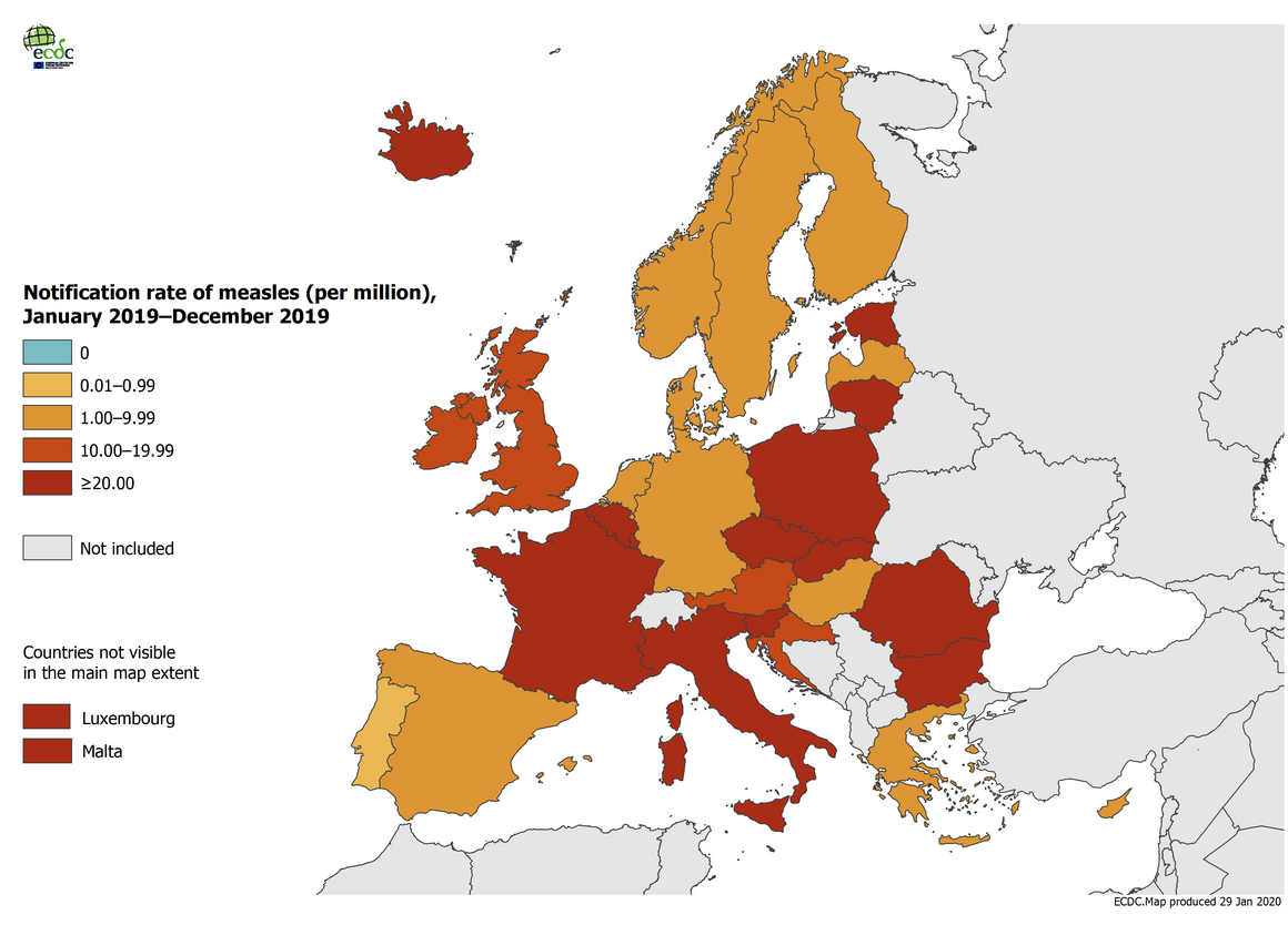 Measles notification rate per million population by country, EU/EEA, 1 January 2019–31 December 2019