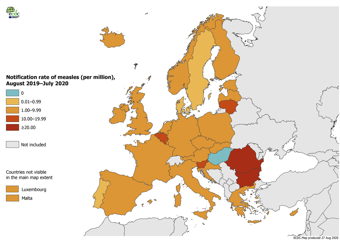 Measles notification rate per million population by country, EU/EEA and the UK, August 2019 - July 2020