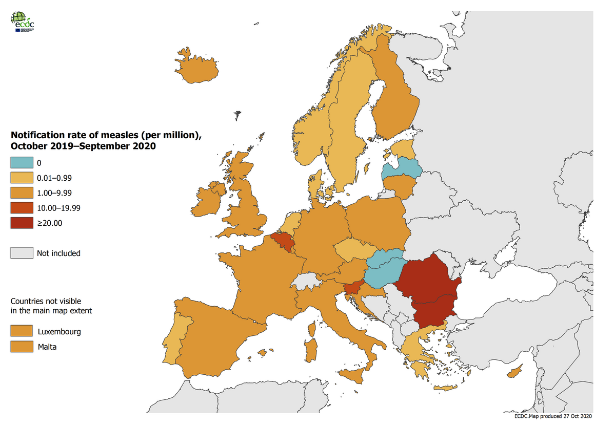 Measles notification rate per million population by country, EU/EEA and the UK, October 2019 - September 2020
