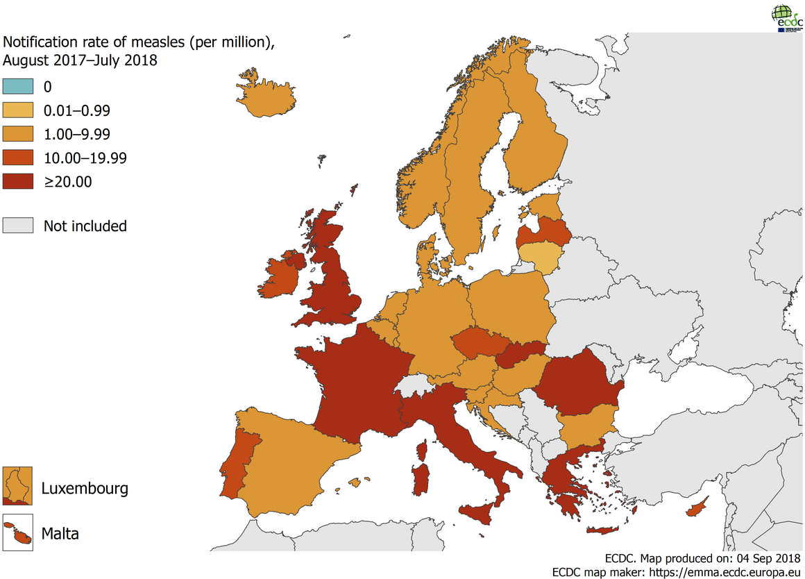 Measles notification rate per million population by country, EU/EEA, 1 August 2017–31 July 2018