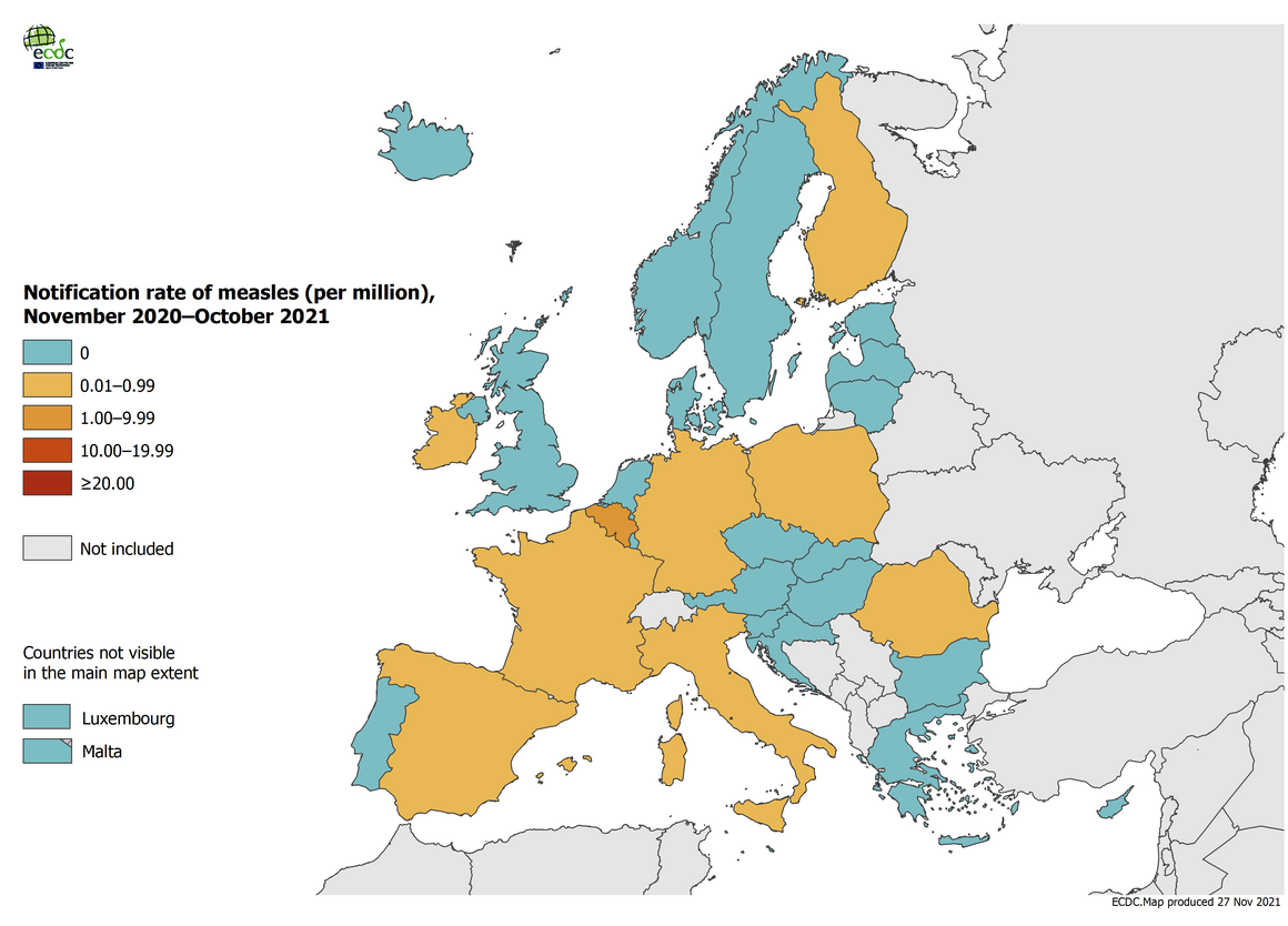 Notification rate of measles per million population by country, November 2020 – October 2021