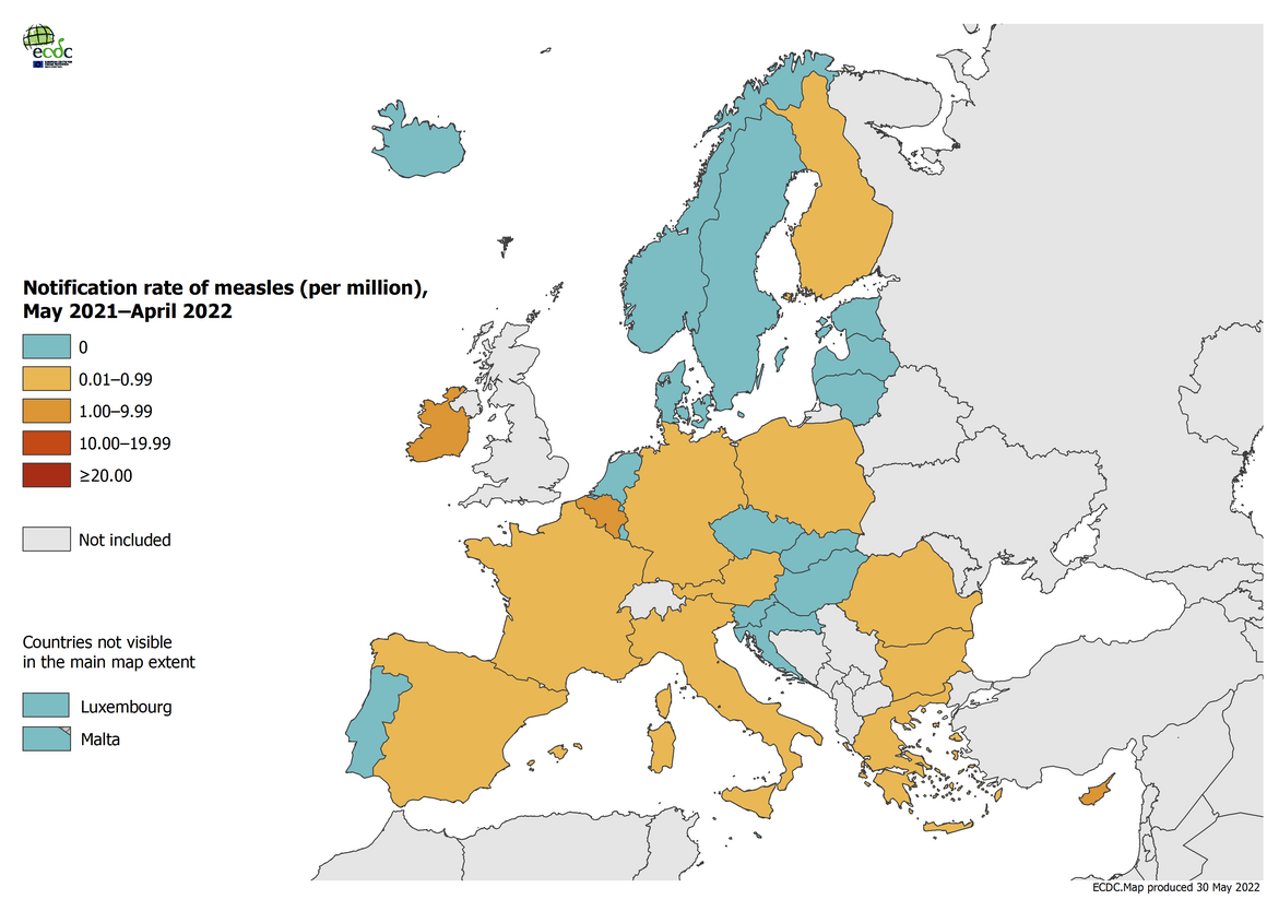 Notification rate of measles per million population by country, May 2021 – April 2022