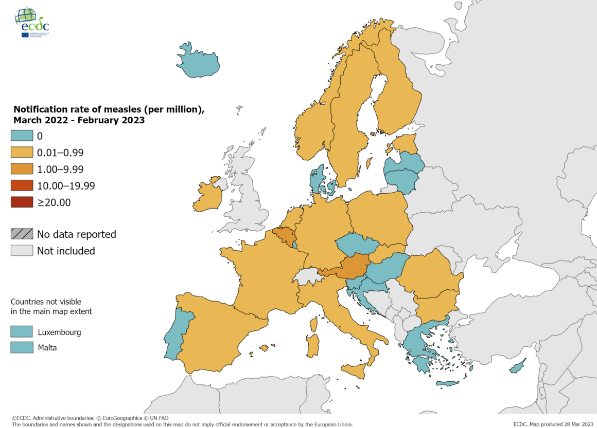 Notification rate of measles per million population by country, March 2022 - February 2023