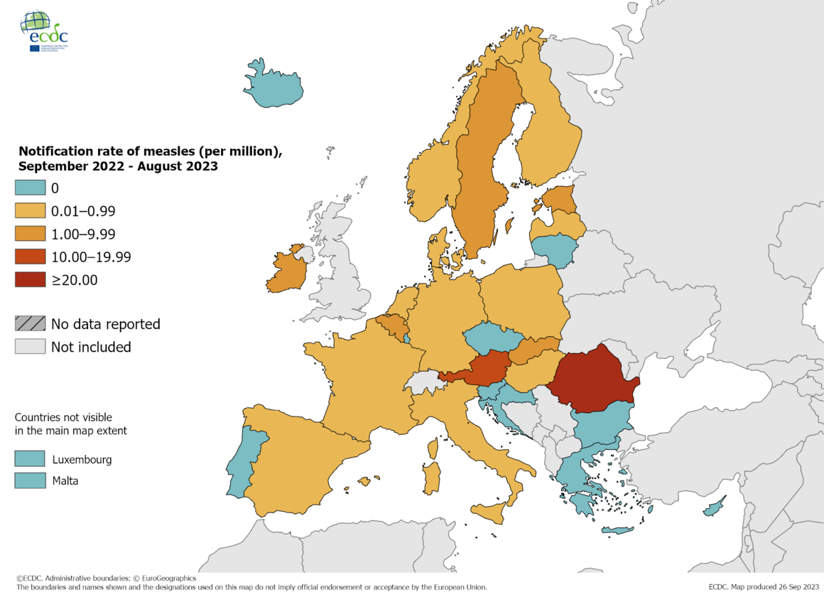 Notification rate of measles (per million), September 2022 - August 2023