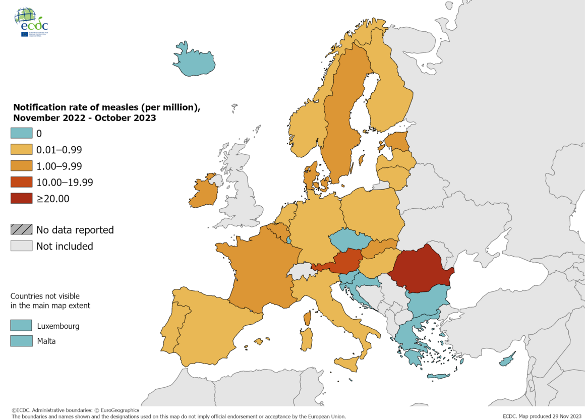 Notification rate of measles (per million), November 2022 - October 2023