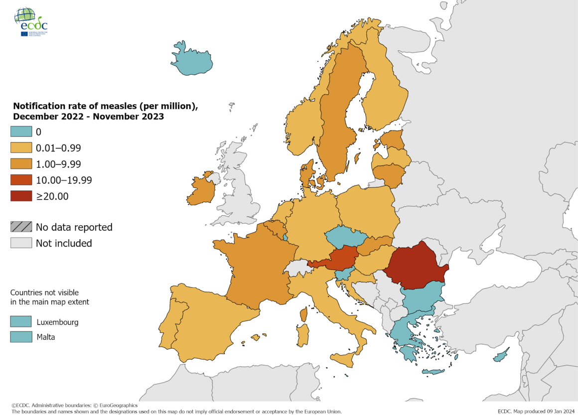 Notification rate of measles (per million), December 2022 - November 2023