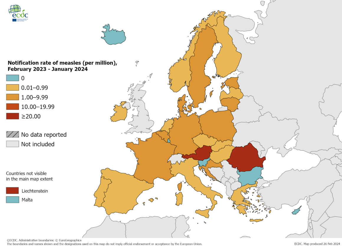 Notification rate of measles (per million), February 2023 - January 2024