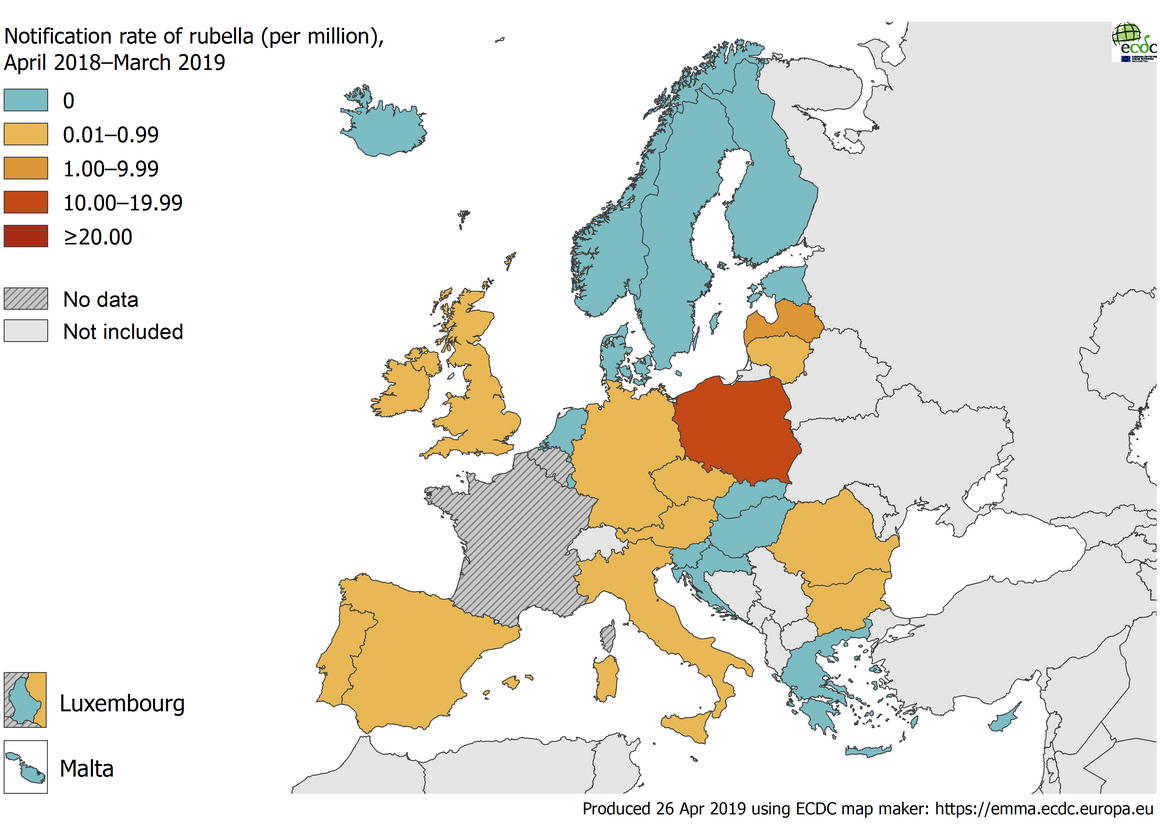 Rubella notification rate per million population by country, EU/EEA, 1 April 2018 to 31 March 2019