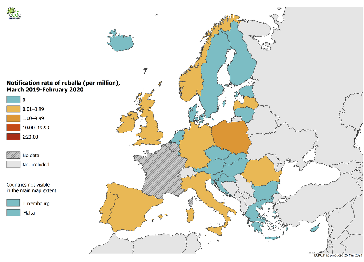Rubella notification rate per million population by country, EU/EEA and the UK, 1 March 2019–29 February 2020