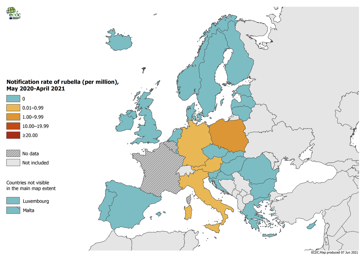 Notification rate of rubella per million population by country, May 2020 – April 2021