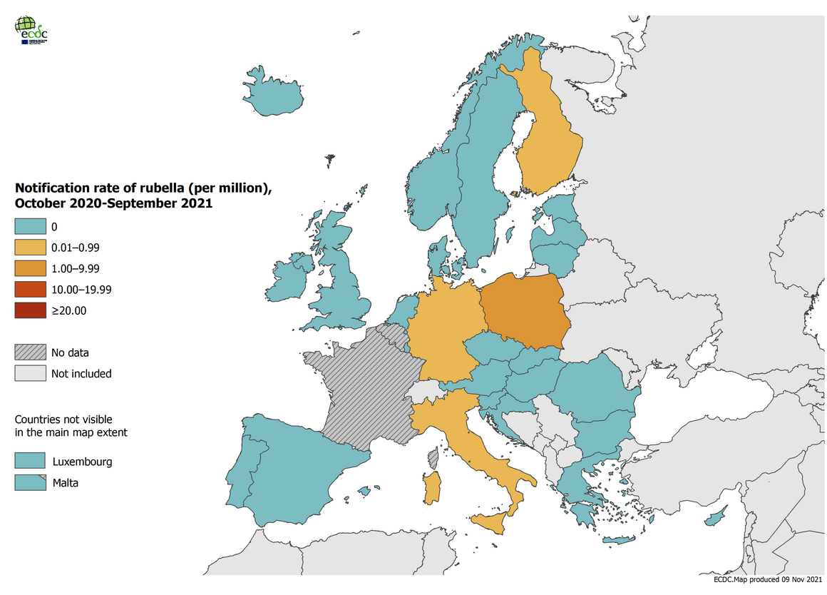 Notification rate of rubella per million population by country, October 2020 – September 2021