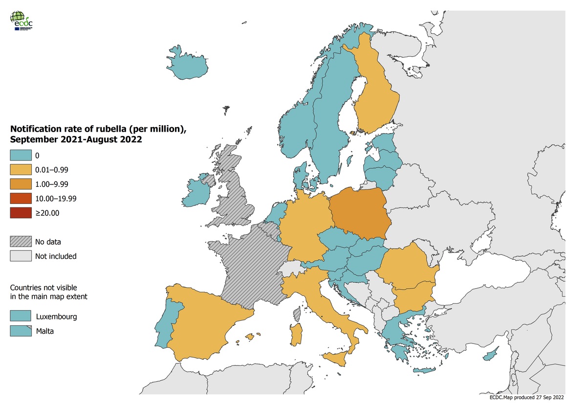 Notification rate of rubella per million population by country, September 2021 – August 2022