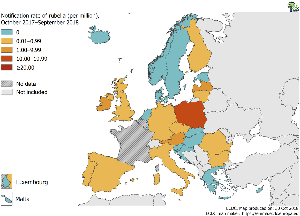 Rubella notification rate per million population by country, EU/EEA, 1 October 2017 to 30 September 2018 