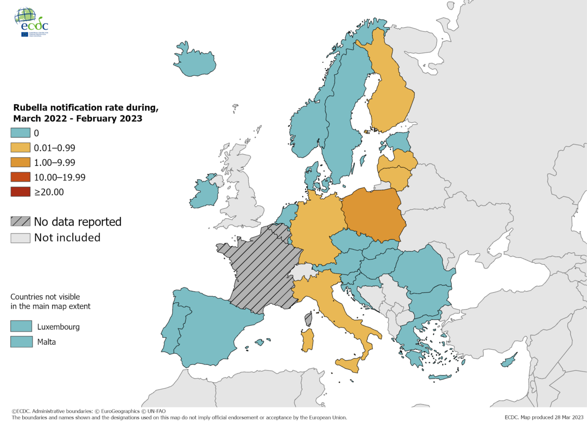 Notification rate of rubella per million population by country, March 2022 - February 2023