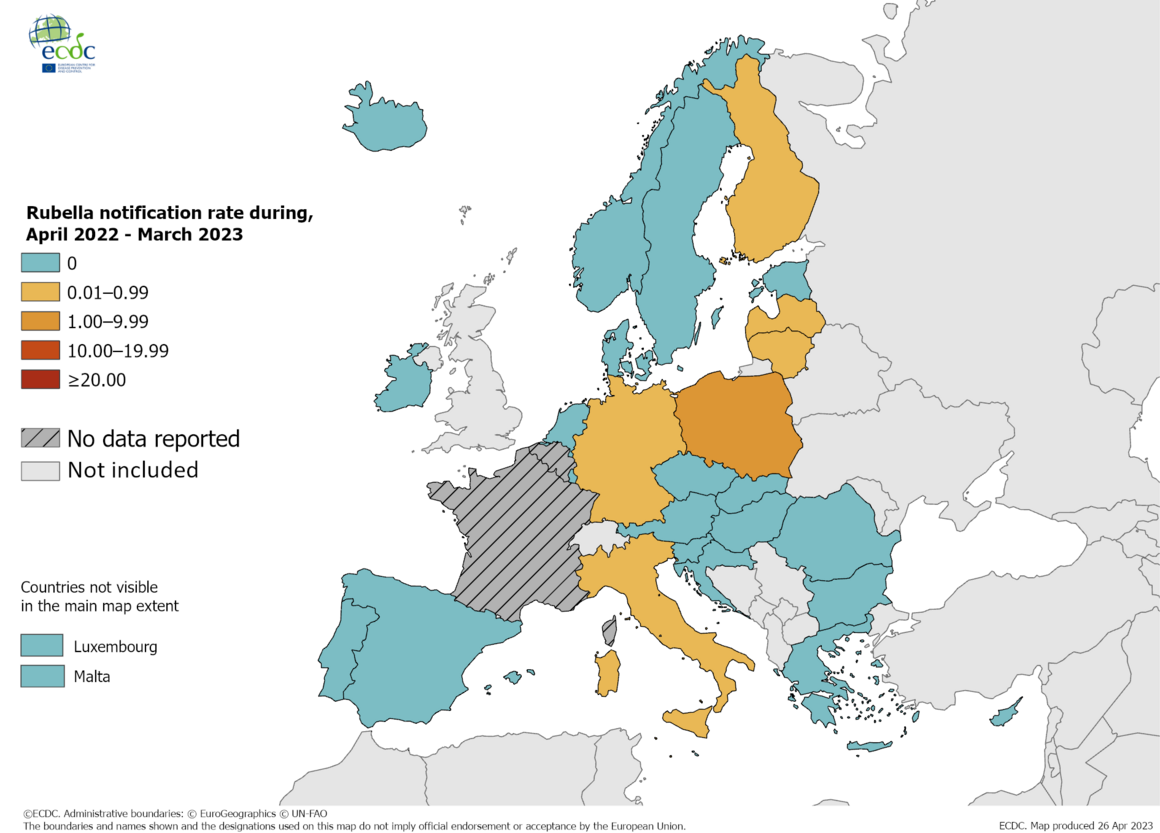  Notification rate of rubella per million population by country, April 2022 - March 2023