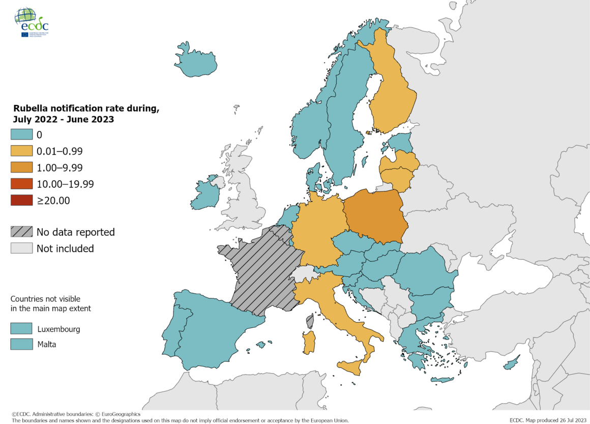 Notification rate of rubella per million population by country, July 2022 - June 2023