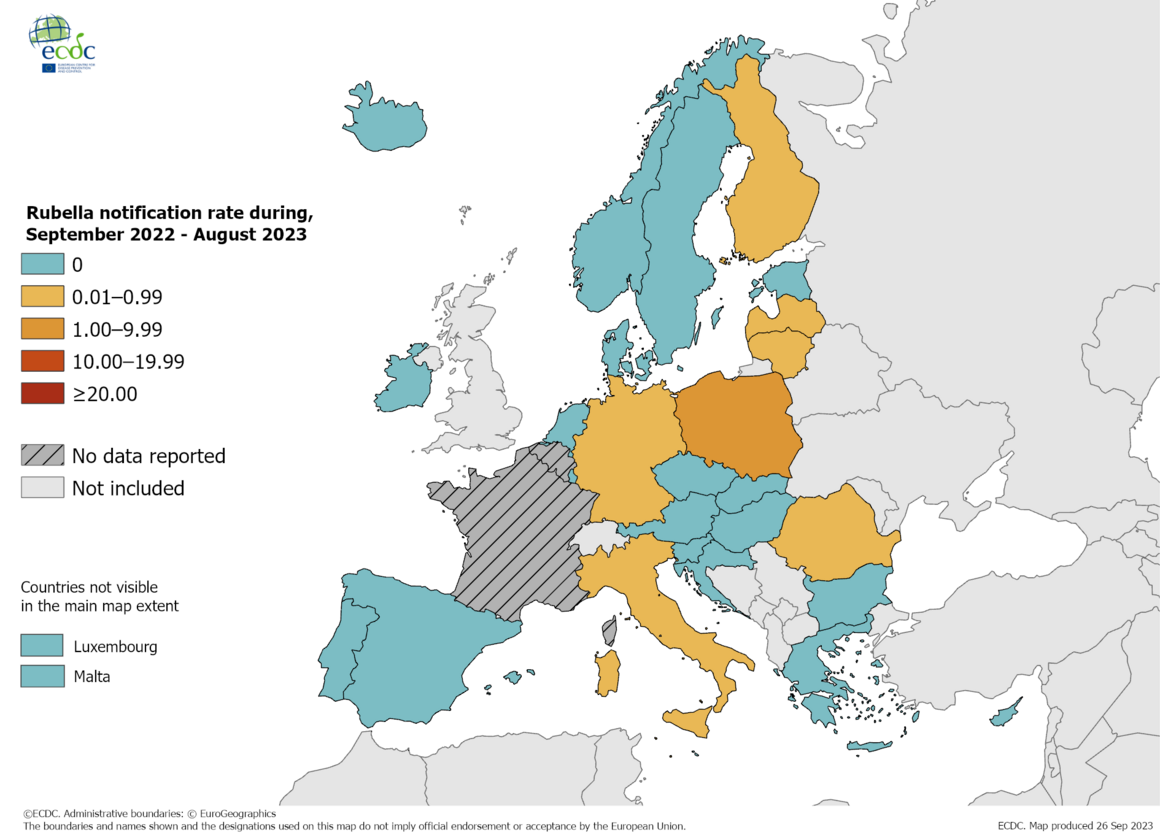 Notification rate of rubella per million population by country, September 2022 - August 2023