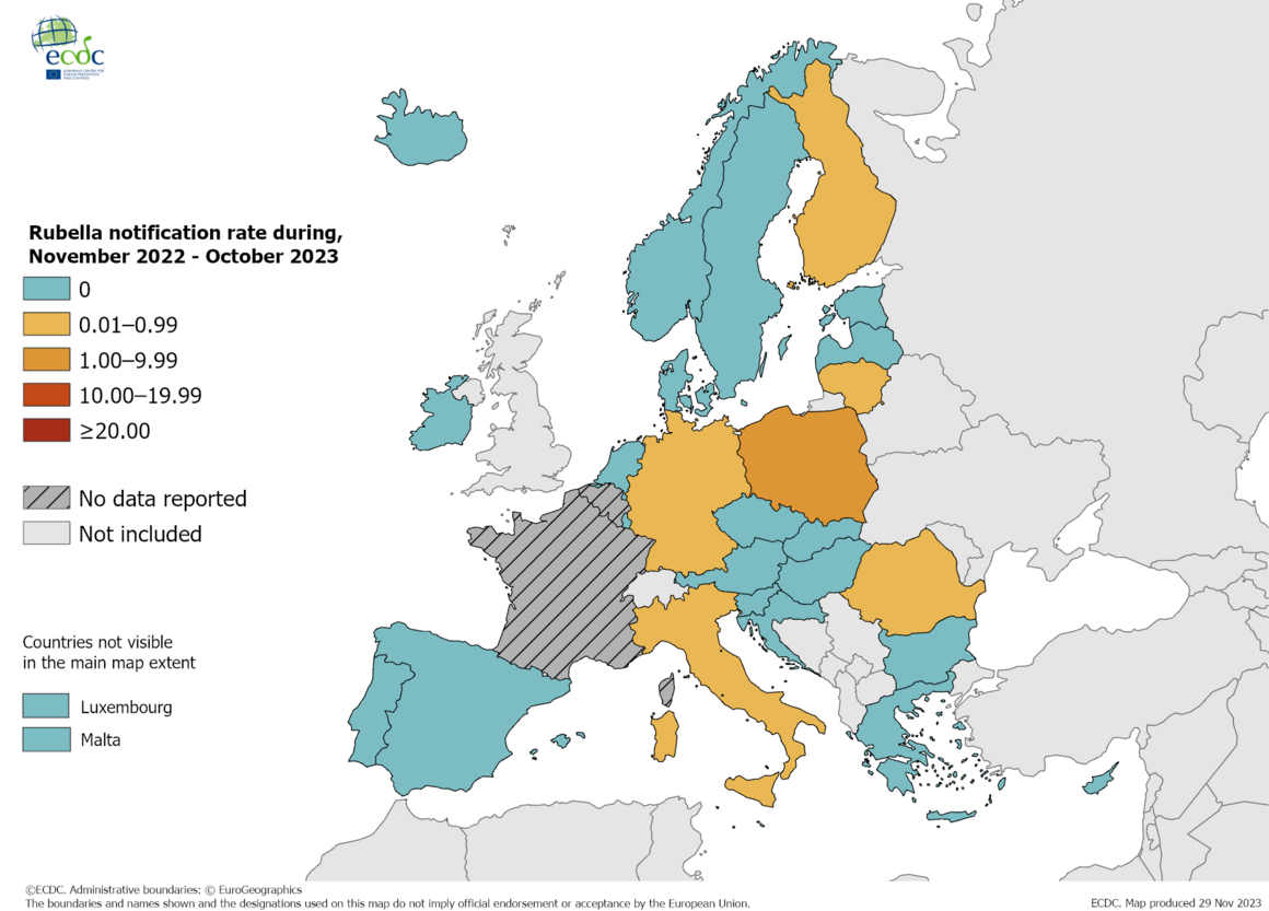 Notification rate of rubella per million population by country, November 2022 - October 2023