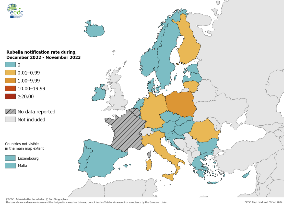 Notification rate of rubella per million population by country, December 2022 - November 2023