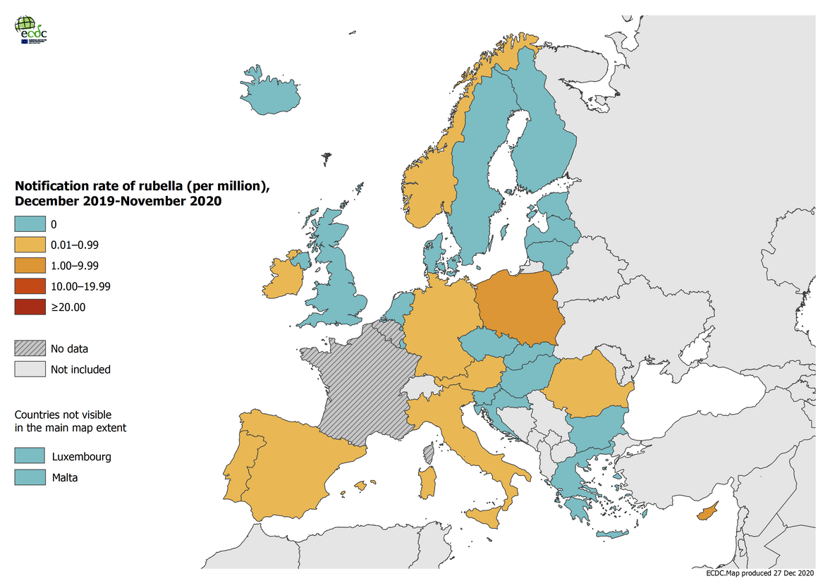 Rubella notification rate per million population by country, EU/EEA and the UK, December 2019 - November 2020