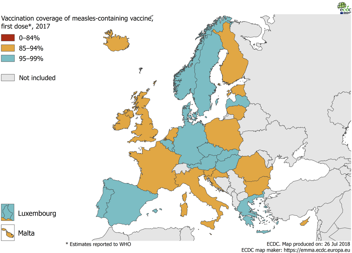 Map showing the vaccination coverage for the first dose of measles containing vaccine, by country, EU/EEA, 2017