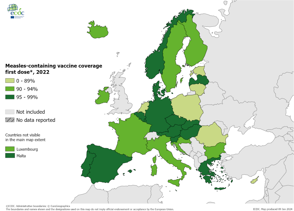 Measles-containing vaccine coverage first dose, 2022