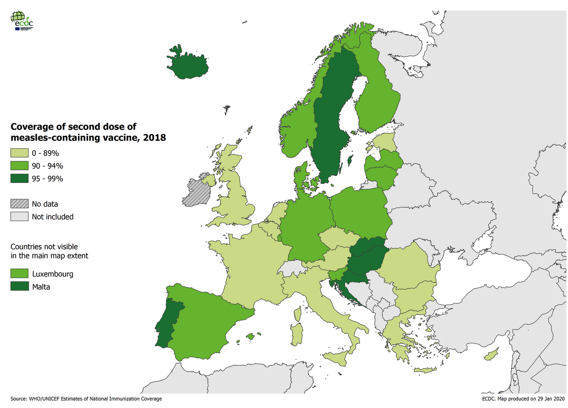 Vaccination coverage for second dose of a measles-containing vaccine, EU/EEA, 2018