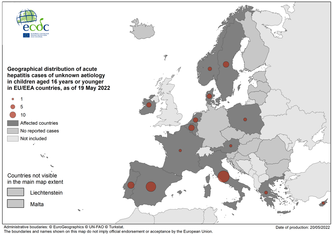 Geographical distribution of hepatitis cases in EU/EEA, 19 May 2022