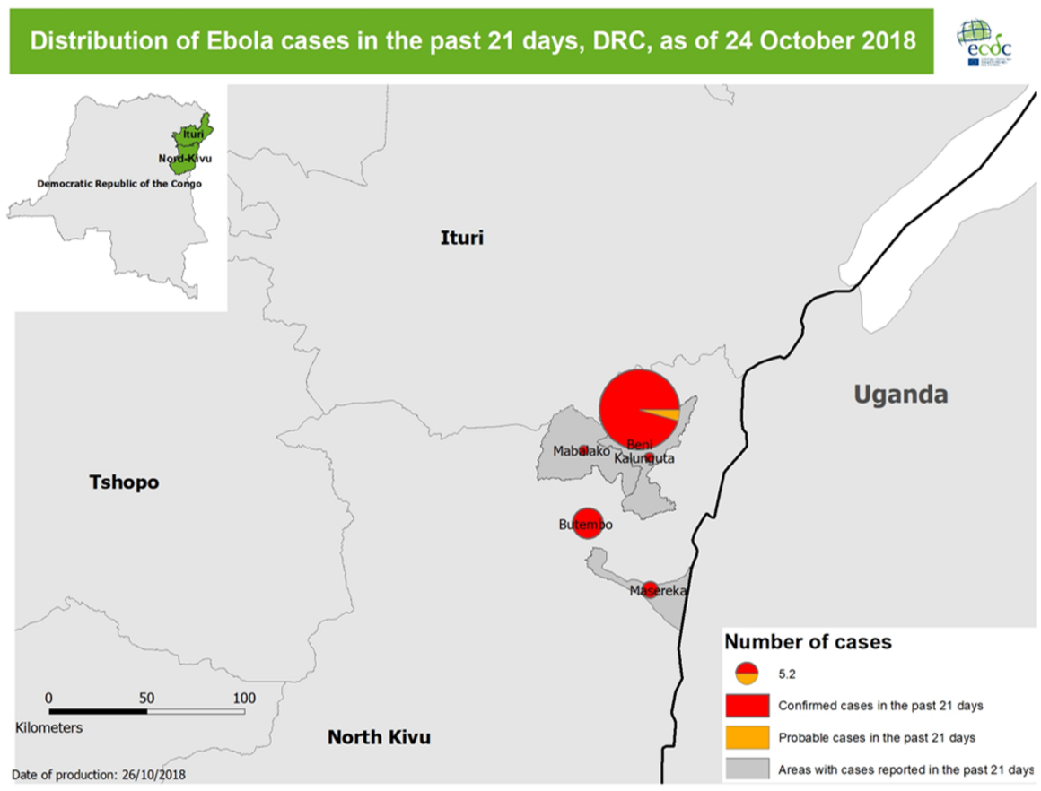 Distribution of Ebola cases in the past 21 days, DRC, as of 24 October 2018