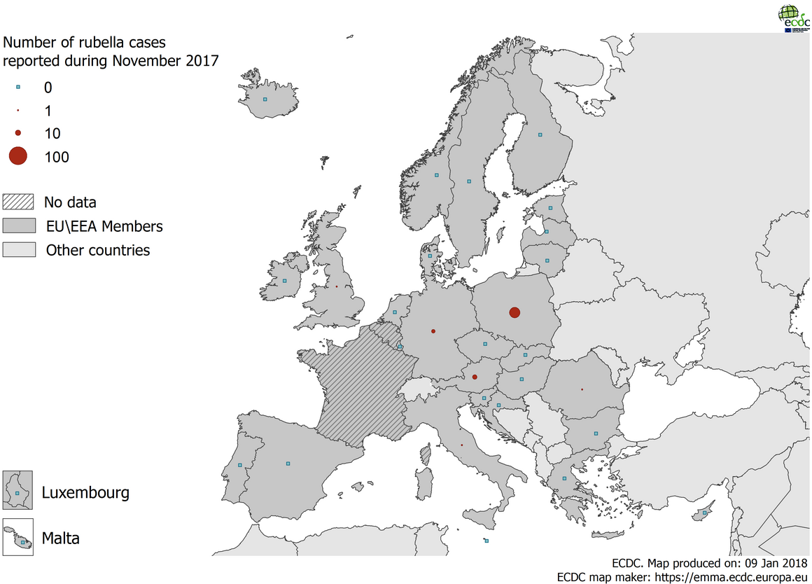 Distribution of rubella cases by country, November 2017 in EU/EEA countries