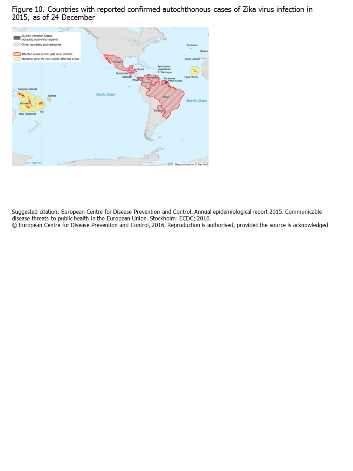 Countries with reported confirmed autochthonous cases of Zika virus infection in 2015, as of 24 December 2015