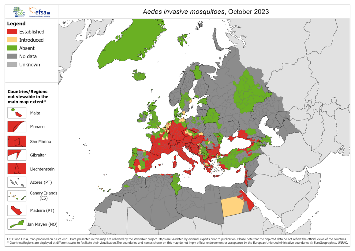 Aedes invasive mosquitoes - current known distribution: October 2023