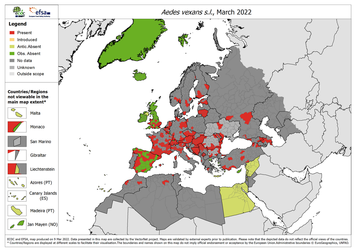 Aedes vexans s.l. - current known distribution: March 2022