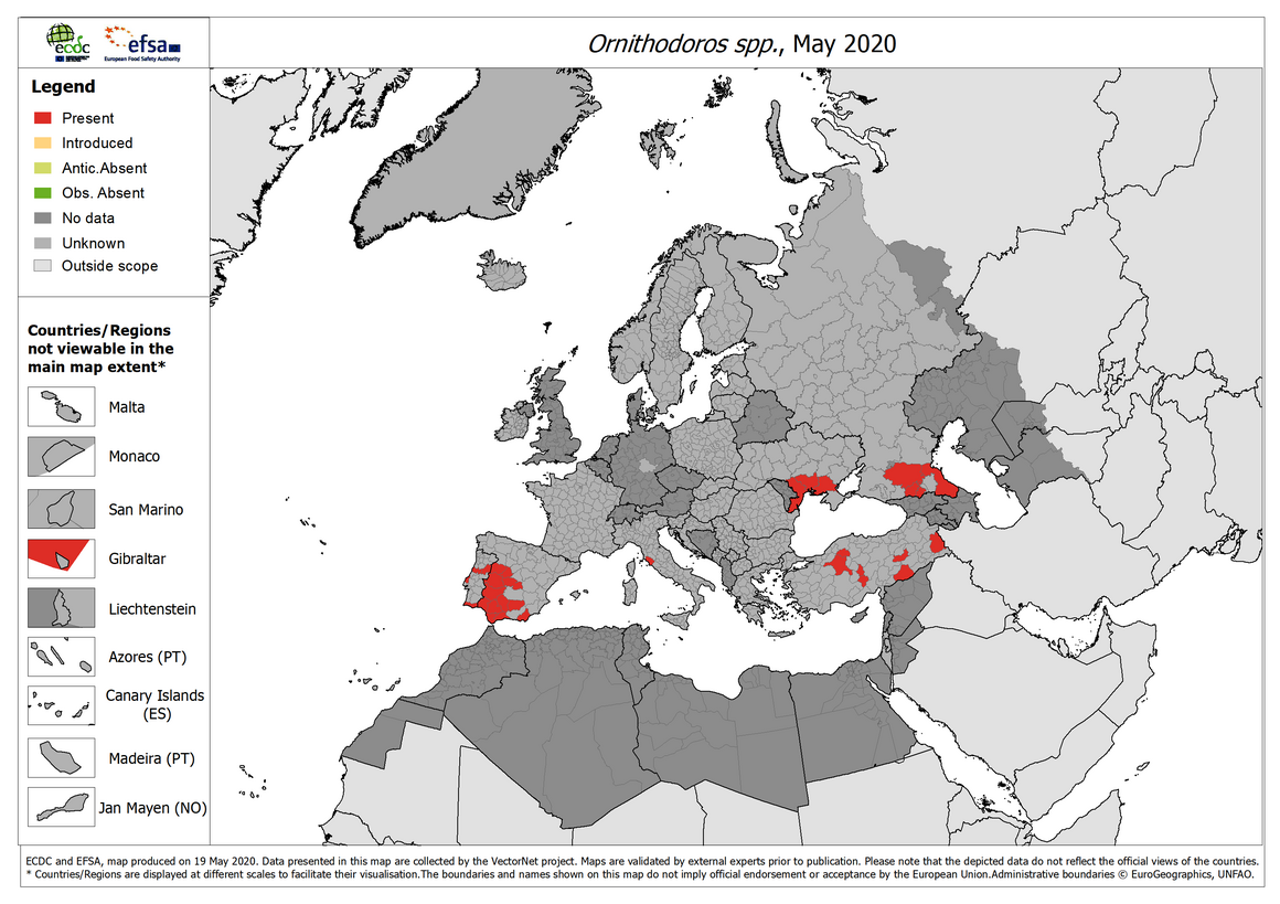 Ornithodorus spp. - current known distribution: May 2020