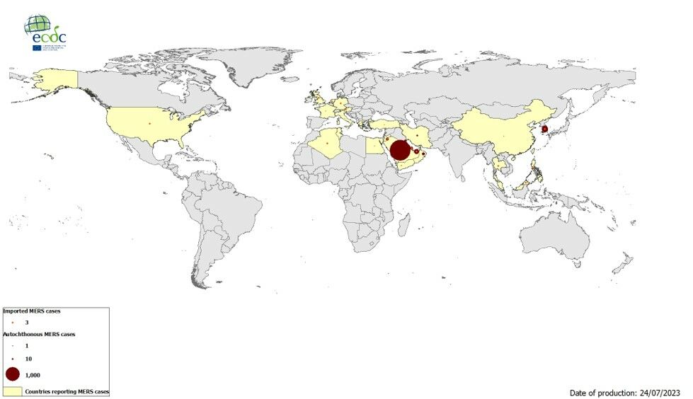 Geographical distribution of confirmed MERS-CoV cases, by reporting country, April 2012 – July 2023