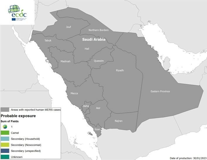Geographical distribution of confirmed cases of MERS-CoV in Saudi Arabia by probable region of infection and exposure, with dates of onset from 1 January to 30 January 2023