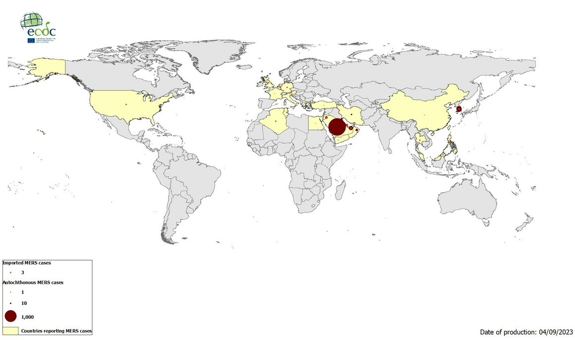 Geographical distribution of confirmed MERS-CoV cases, by reporting country, April 2012 – August 2023