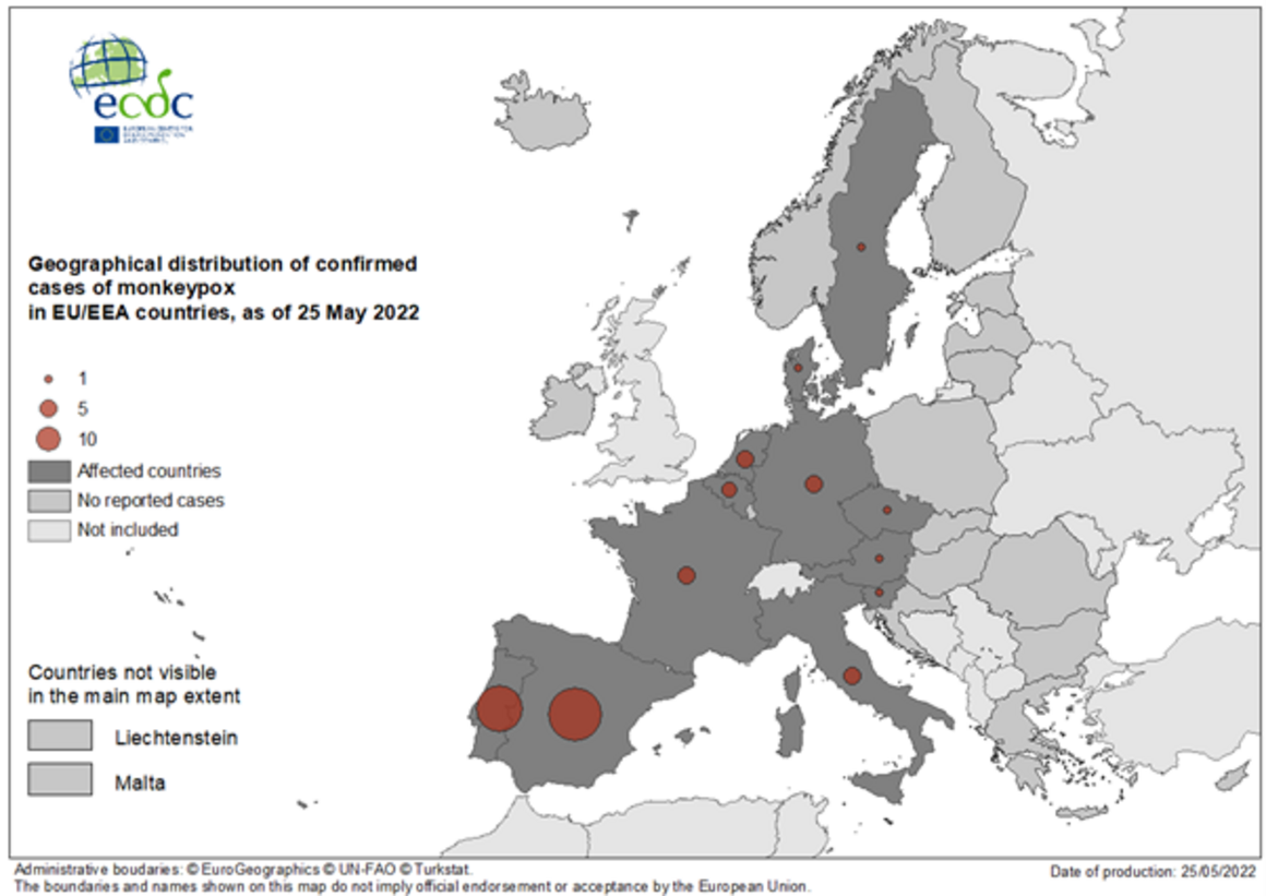 Geographical distribution of confirmed cases of MPX in EU/EEA countries, as of 25 May 2022  