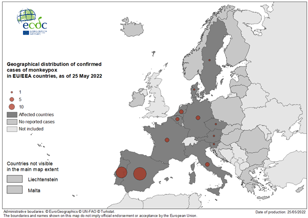 Geographical distribution of confirmed cases of MPX in EU/EEA countries, as of 25 May 2022 