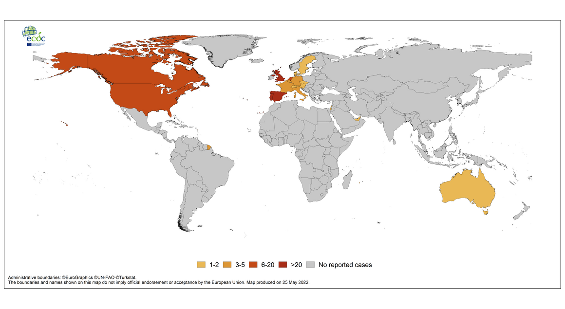 Geographical distribution of confirmed cases confirmed cases of MPX worldwide, as of 25 May 2022 