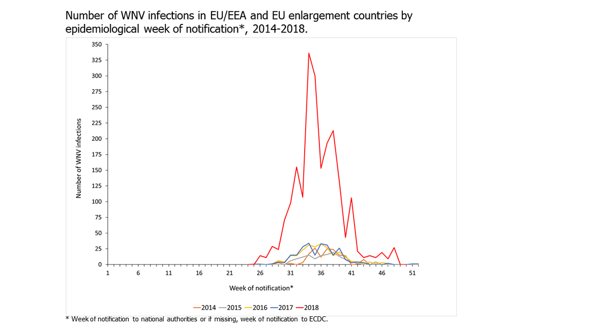 Number of WNV infections in EU/EEA and EU enlargement countries by epidemiological week of notification*, 2014-2018. 