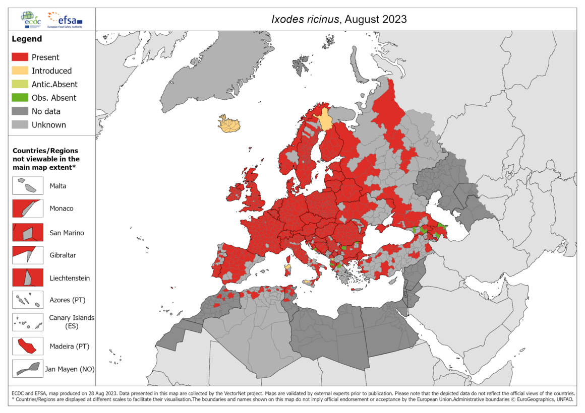 Ixodes ricinus - current known distribution: August 2023