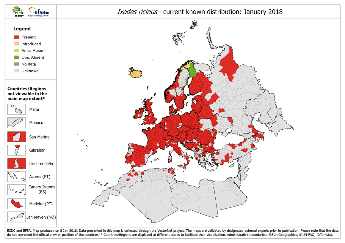 Ixodes ricinus - current known distribution: January 2018