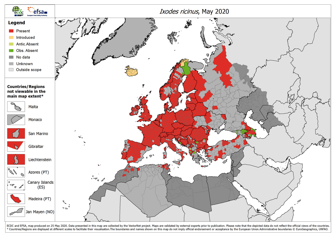 Ixodes ricinus - current known distribution: May 2020