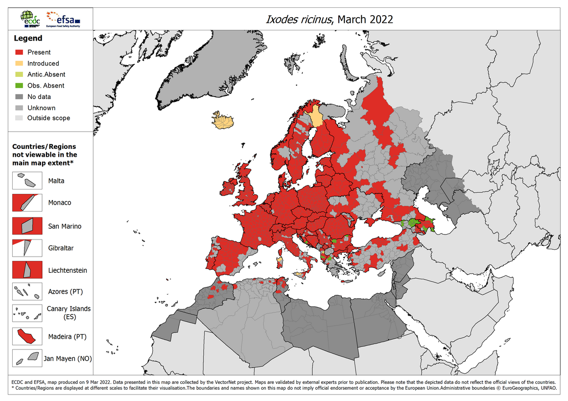 Ixodes ricinus - current known distribution: March 2022