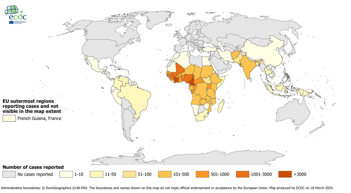 Travel-associated malaria cases reported to ECDC, by place of infection, 2019–2023