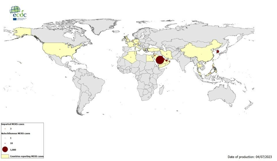 Geographical distribution of confirmed cases of MERS-CoV, by reporting country, April 2012 – June 2023